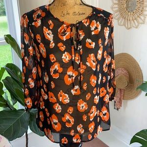 Anthropologie Pleione Black Orange Floral Poppy Sheer Blouse Top Sz S
